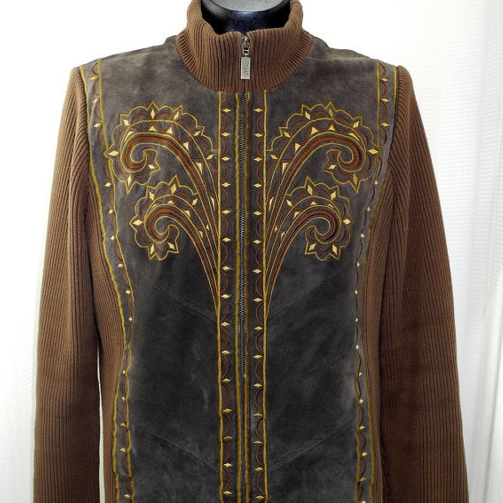 BOB MACKIE Brown Suede Embroidered Jacket Size XL